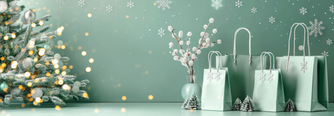 Beautiful Christmas sale bags displayed against a festive light green backdrop