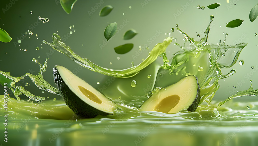 Poster two avocado halves splash into a pool of green liquid, creating a vibrant and refreshing scene.