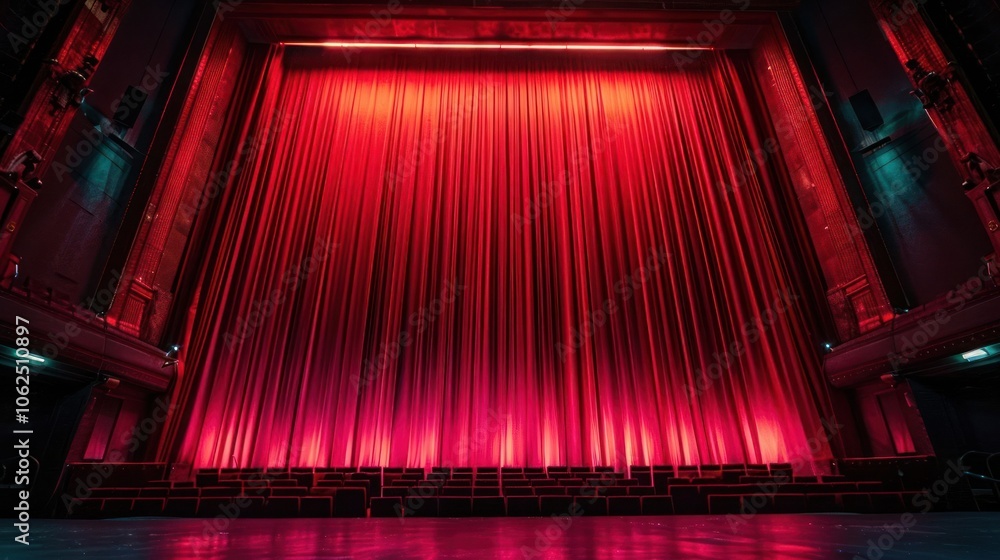 Poster a large red curtain illuminated from behind in a theater setting.