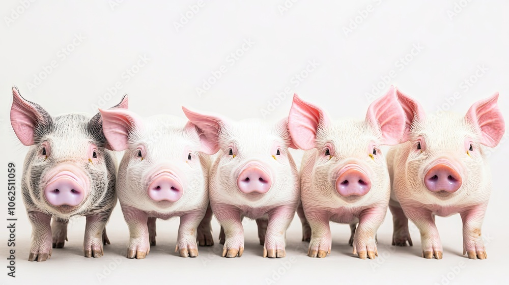 Poster five cute piglets together on a simple background generative ai