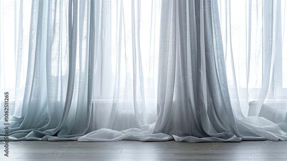 Poster white sheer curtains with soft folds and sunlight streaming through, creating a minimalist and airy 