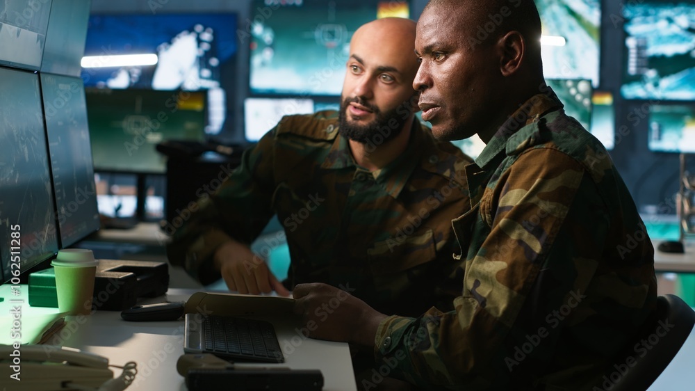 Poster army officers doing brainstorming in command center, looking at intel folder files. intelligence cor