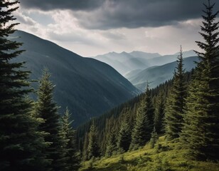 Obraz premium Majestic mountains tower over a serene spruce forest beneath a dramatic sky, showcasing nature beauty at dusk. Towering mountains with rolling hills and moody sky highlighting peaceful wilderness. AI