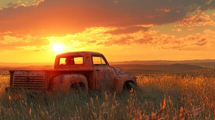 Fototapeta premium Vintage Truck Against Sunset in Golden Field