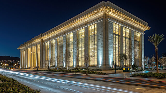 grand bank building exterior with large columns, illuminated at night, showcasing cityscape backdrop. scene captures blend of architectural beauty and urban life