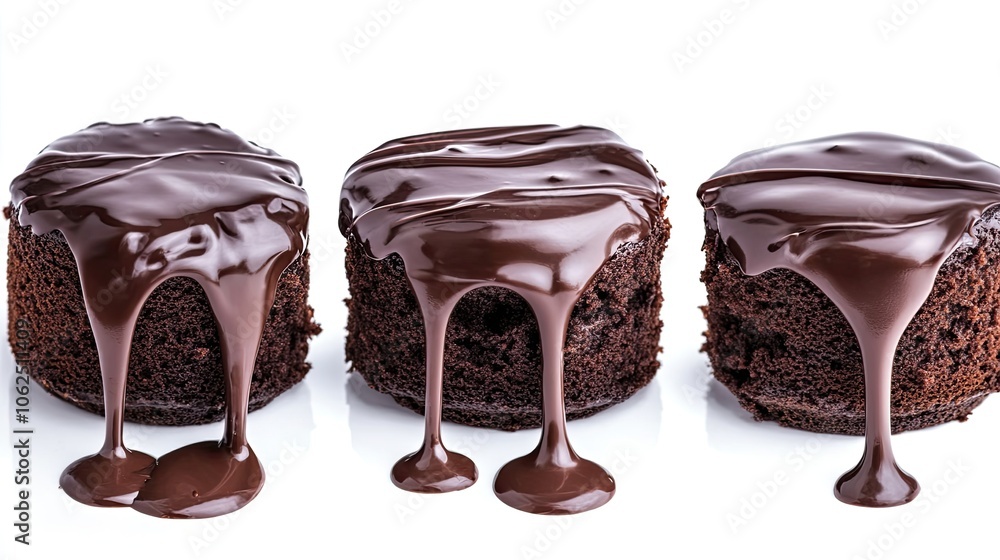 Aufkleber chocolate drippings cascade from top of layered cakes on white surface generative ai