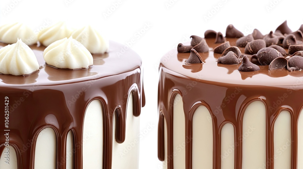 Aufkleber chocolate drippings cascade from cake tops in a dessert display generative ai