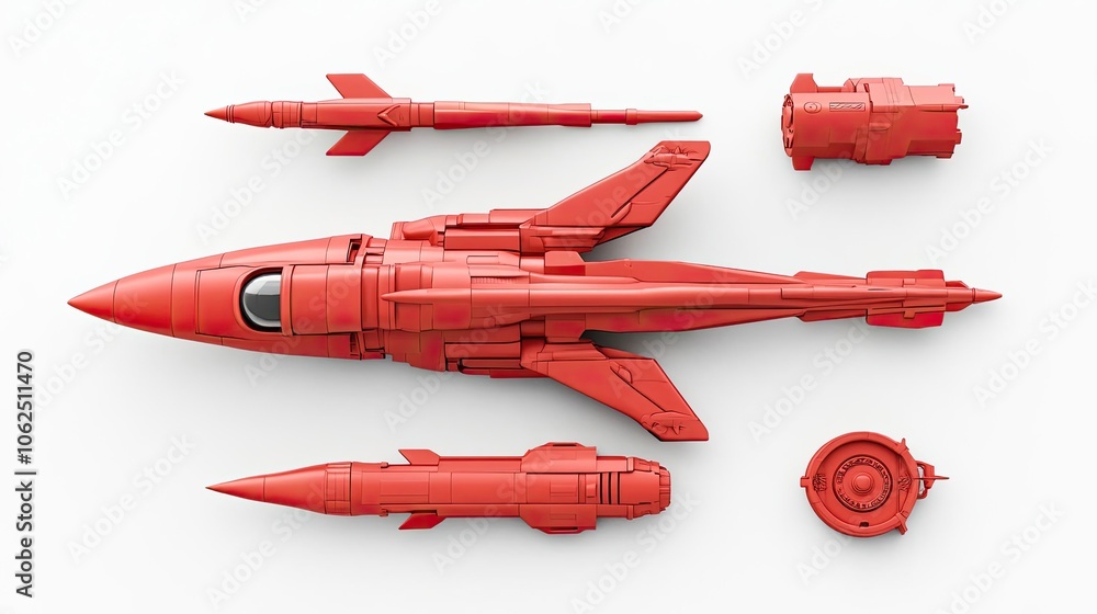 Poster red model aircraft and missiles displayed on a white background generative ai