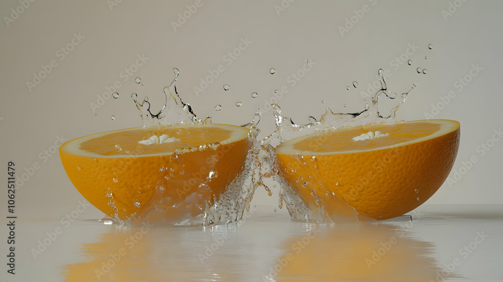 Poster two orange halves with splashing water creating a dynamic and refreshing composition.