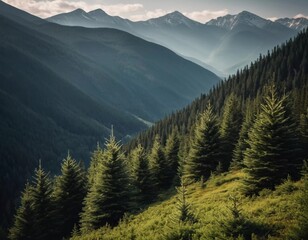 Fototapeta premium Majestic mountains tower over a serene spruce forest beneath a dramatic sky, showcasing nature beauty at dusk. Towering mountains with rolling hills and moody sky highlighting peaceful wilderness. AI