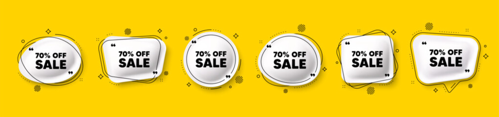 Sale 70 percent off discount. Speech bubble 3d icons set. Promotion price offer sign. Retail badge symbol. Sale chat talk message. Speech bubble banners with comma. Text balloons. Vector