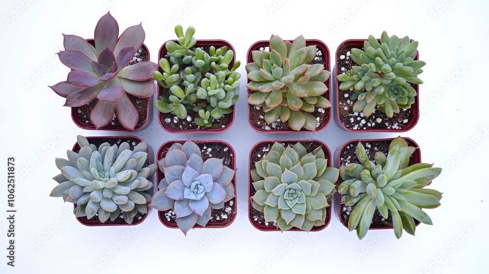 Poster Arrangement of Various Succulent Plants in Pots on a Light Background Generative AI