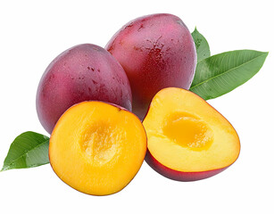 Two whole and two half ripe mangoes with green leaves isolated on white background.