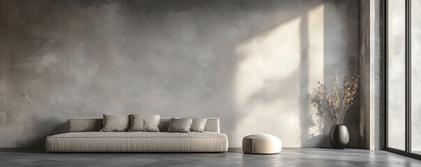 Living area in dark gray and beige tones. A minimalist design with a blank microcement wall, accented by beige and ivory furnishings. 3D render