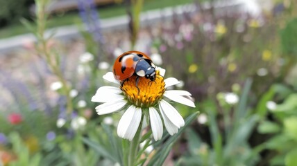 Ladybug Perched on White Flower with Colorful Background