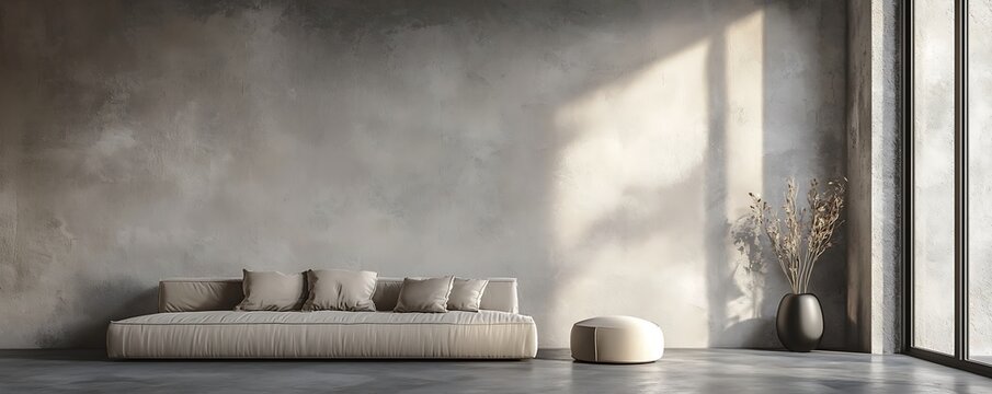 Living area in dark gray and beige tones. A minimalist design with a blank microcement wall, accented by beige and ivory furnishings. 3D render