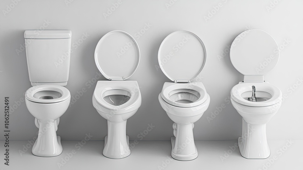 Poster minimalist display of various white flush toilets generative ai