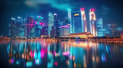 Obraz premium Neon cityscape with skyscrapers glowing against a night sky, reflection in a river, cyberpunk feel with vibrant pinks and blues 