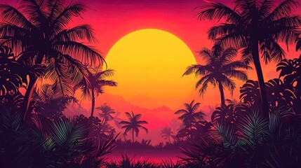 Fototapeta premium Vibrant Tropical Sunset Gradient with Silhouetted Palm Trees and Ocean Landscape