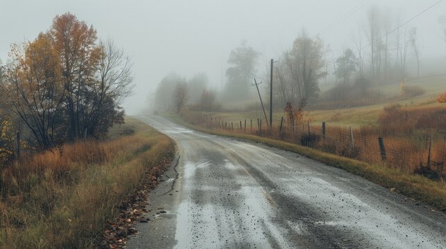 Desolate rural road on a foggy rainy autumn day