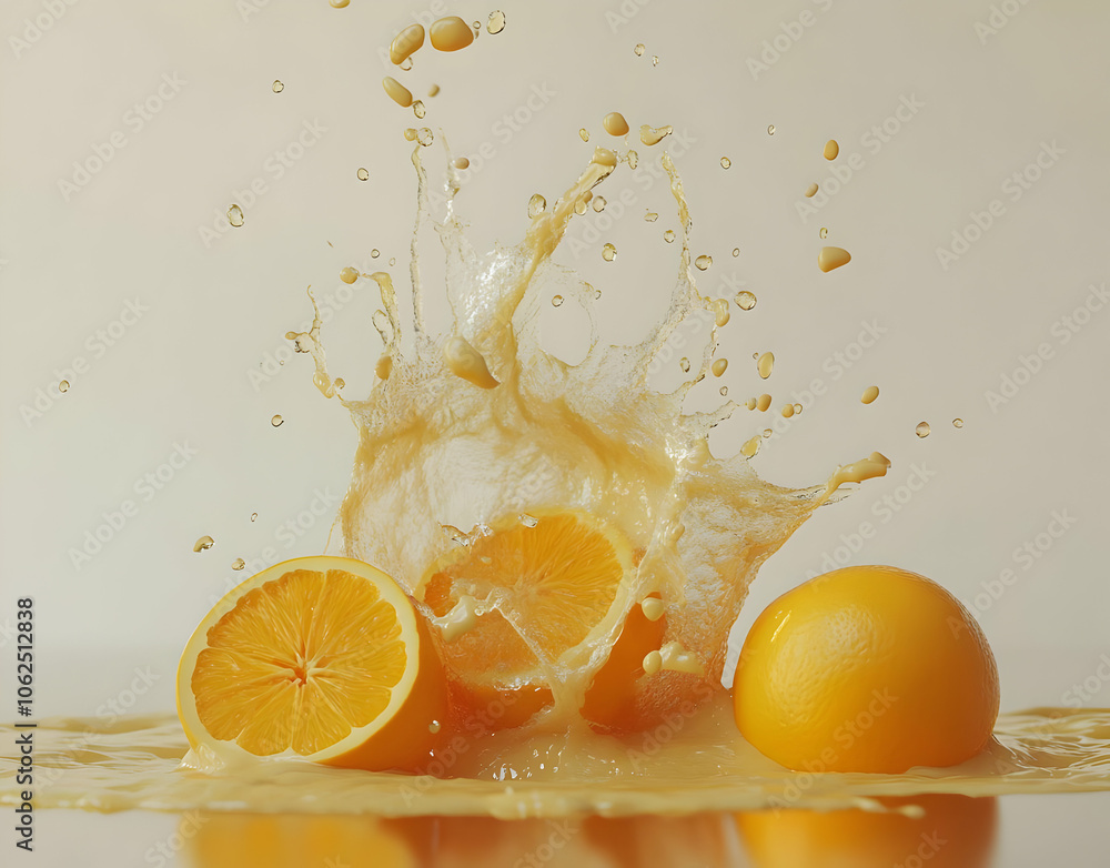 Poster whole and sliced oranges submerged in orange juice with a splash of liquid.