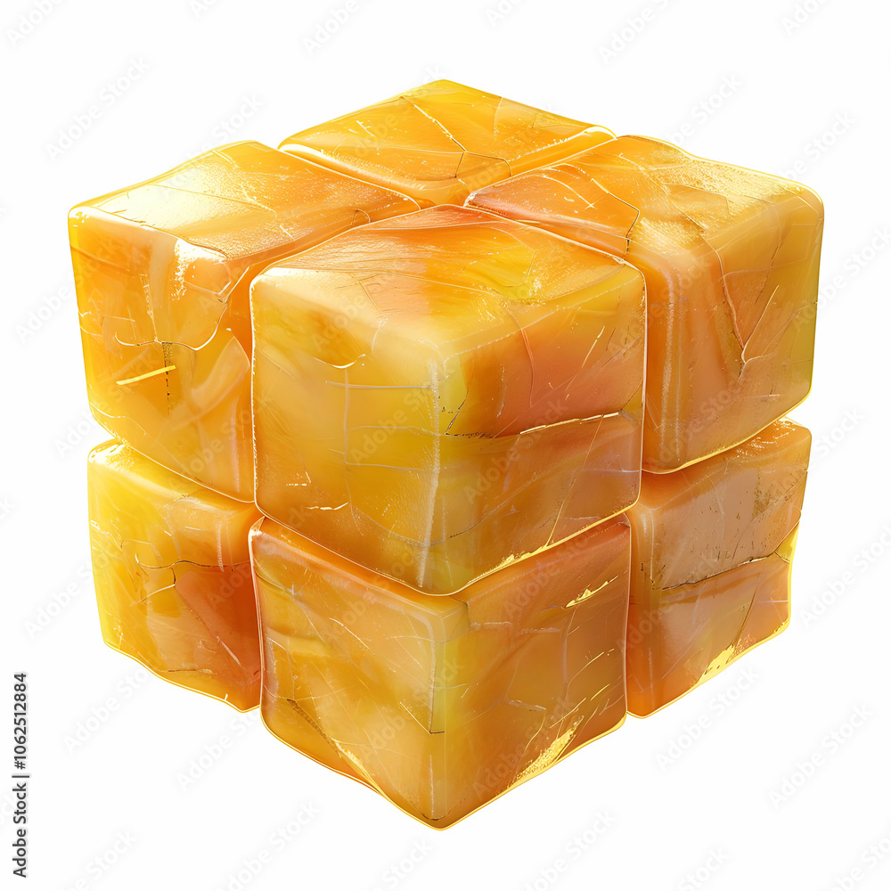 Poster yellow cube with a textured surface made of separate square pieces.
