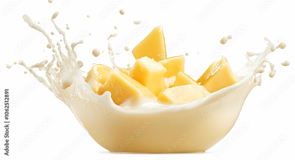 Poster Yellow cubes splashing into a creamy liquid, creating a dynamic and abstract composition.