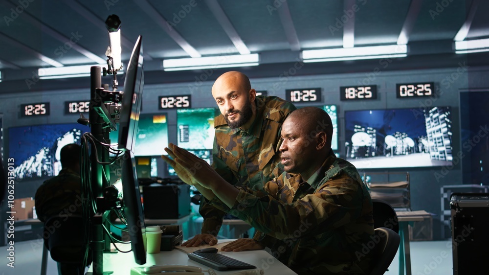 Poster army telecommunications operators using radio and satellite gear, inputting data on systems. militar