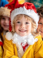 Smiling children in festive costumes and hats celebrating Christmas