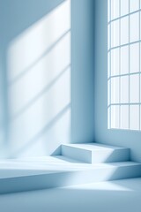 Minimalistic light blue background for product presentation, enhanced by shadows and light patterns from windows.