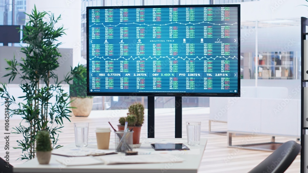 Poster market index listings values going up and down on monitor, price volatility concept. broker trading 