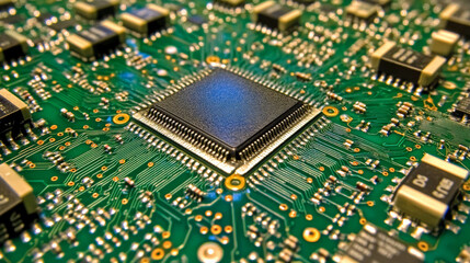 close up view of microchip on green circuit board, showcasing intricate details and connections, symbolizing technology and innovation