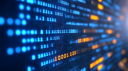 Digital data streams with binary code in blue and orange hues create vibrant visual representation of technology and cybersecurity