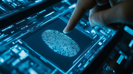 person interacting with biometric fingerprint scan interface, showcasing advanced technology and security features. digital display highlights intricate fingerprint patterns