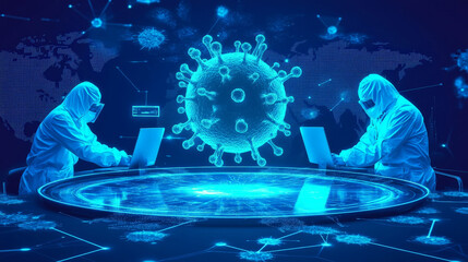 Two scientists in protective suits analyzing digital representation of virus, showcasing advanced technology and teamwork in high tech environment