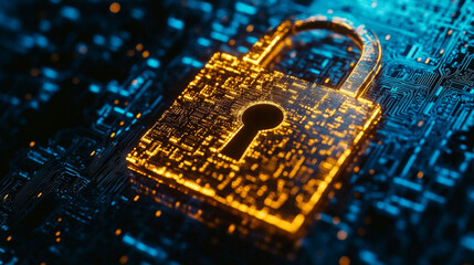glowing digital padlock symbolizing cybersecurity and data protection in tech environment. vibrant colors and intricate patterns evoke sense of security and innovation