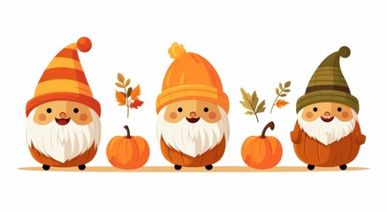 Naklejka premium Three Smiling Gnomes Dressed as Pumpkins with Fall Leaves