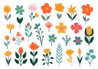A Collection of Colorful, Stylized Flowers with Green Leaves