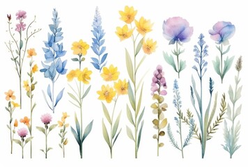 Watercolor Illustration of Various Flowers and Foliage