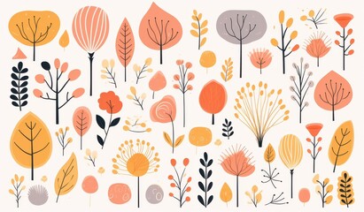 Fototapeta premium A Collection of Stylized Trees and Floral Elements in Orange and Yellow Hues