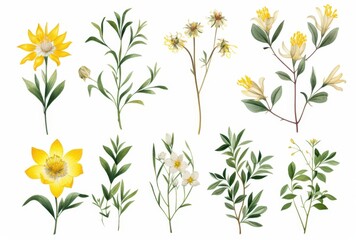 Watercolor Illustration of Yellow and White Flowers with Green Foliage