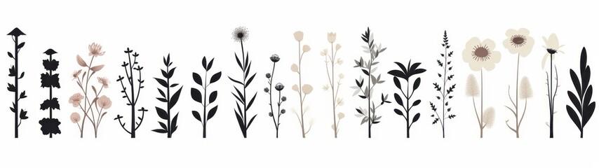 A Row of Stylized Floral Silhouettes and Illustrations