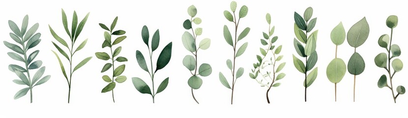 Watercolor Illustration of Various Green Foliage Branches