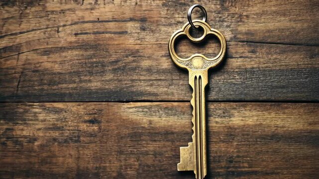 A brass key rests on a wooden surface