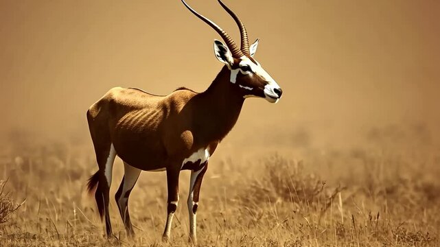 A sable antelope stands in tall grass on a sunny day