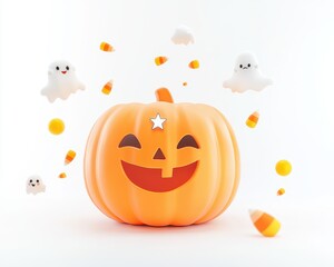 Smiling Jack-O-Lantern with Ghosts and Candy Corn