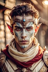 Mystical elf warrior in fantasy armor with intricate face paint and crown