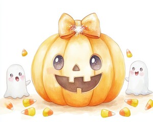 A smiling pumpkin with a bow, surrounded by candy corn and ghosts