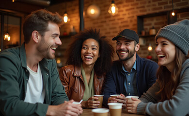 A group of friends laughing and enjoying themselves in a cozy coffee shop, warm lighting, casual and candid atmosphere, various ethnic backgrounds, modern casual clothing