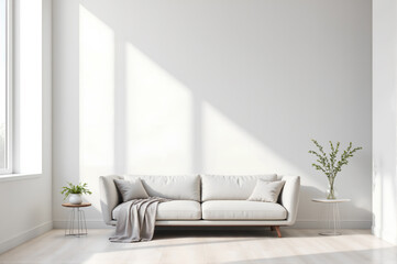 A minimalist interior design mockup , featuring a simple sofa, a small side table, and soft natural lighting. Clean lines and open space.